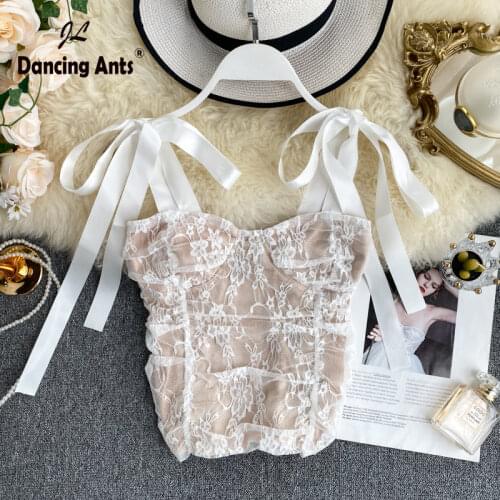 Woman Vest Sexy Lace Strap Ruched Slim Tops Young Girl Mesh Elastic Waist Short Tank Tops Elegant Chic 2021 Fashion New Hot
