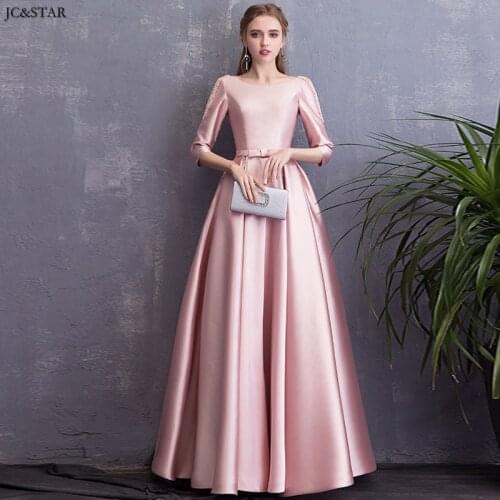 Vestidos de invitada de boda new satin pearl half sleeve A Line pink bridesmaid dress robe de soiree longue brautjungfernkleid