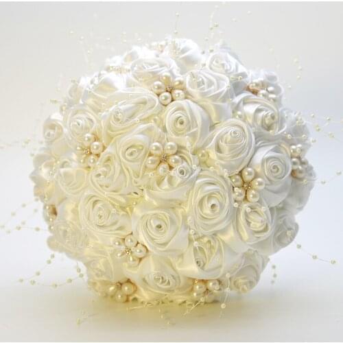 1pc/lot White Wedding Bouquet Gold Diamond Silver Diamond Pearl Decoration Bridal Wedding Bouquet Artificial Ribbon Rose Wedding