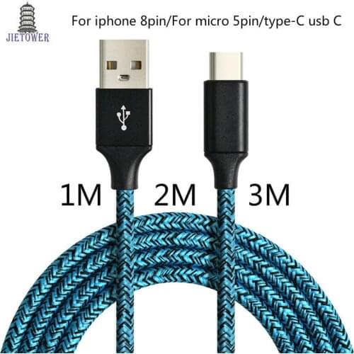 100pcs/lot Fabric Nylon Braided Micro USB Cable v8 for Samsung 8pin For iphone for typeC usb c Colorful New 1M 2M 3M wholesale
