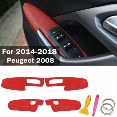 4PCS/SET Microfiber Front / Rear Door Panels Armrest Leather Cover Protective Trim For Peugeot 2008 with Mount Fittings