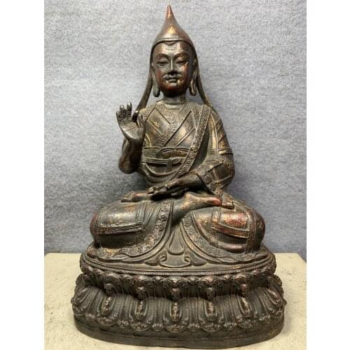9"Chinese temple collection Old Bronze Cinnabar Lacquer Master Tsongkhaba Buddha Tibetan Buddha Enshrine the Buddha Town House