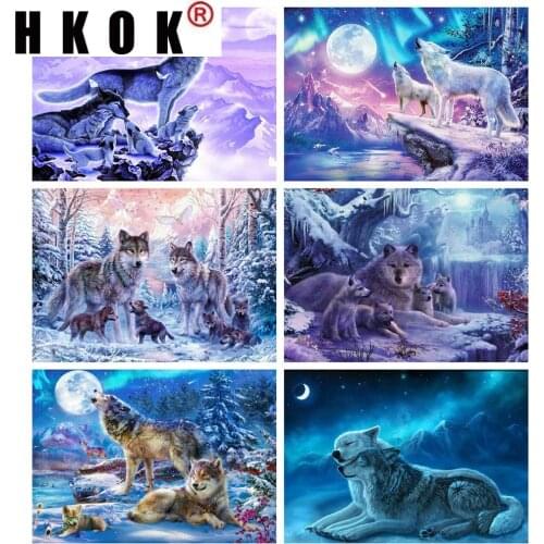 HKOK Diamond Painting Animal Cross Stitch Diamond Embroidery Wolf Full Drill Display Diamond Mosaic Kit Winter Scenery Art Decor