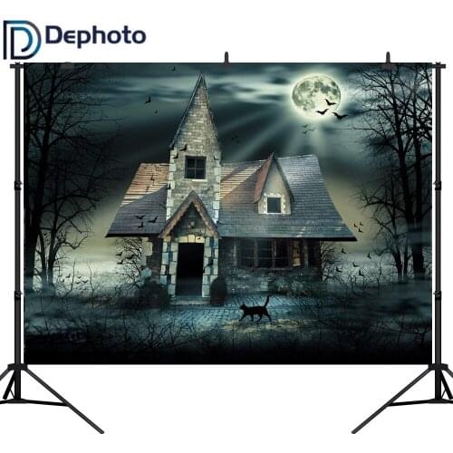 Dephoto Seamless Halloween Background Shabby House Black Cat Newborn Photography Backdrops
