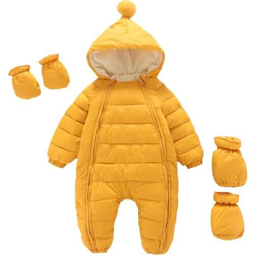 Baby Rompers Winter Coats Boys Girls Hooded Jumpsuit Thicken Warm Snowsuit Footsuit Kids Climb Clothes Footwear Gloves Shoe