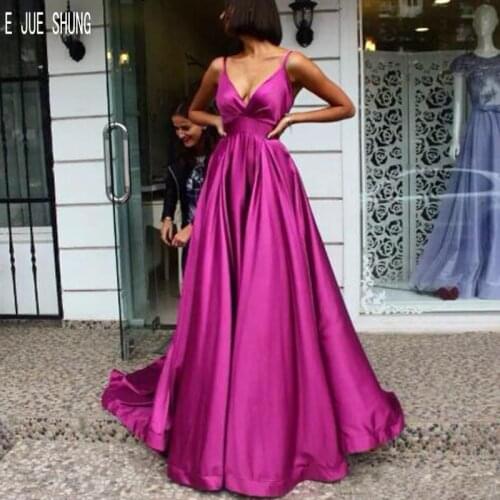 E JUE SHUNG Light purple Evening Dresses Spaghetti Straps Backless Simple A Line Long Prom Party Dresses Satin Evening Gowns
