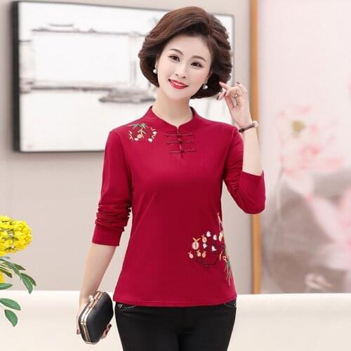 Chinese Style Embroidery T-Shirt Middle Age Women Spring Fall Plus Size Mother Clothing Pullover Long Sleeve Tee Shirts Femme