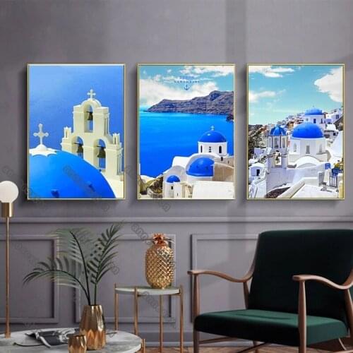 Mediterranean Style Canvas Painting Poster and Print Blue Sea Sky Blue Dome Castles for Living Room Bedroom Wall Decoration