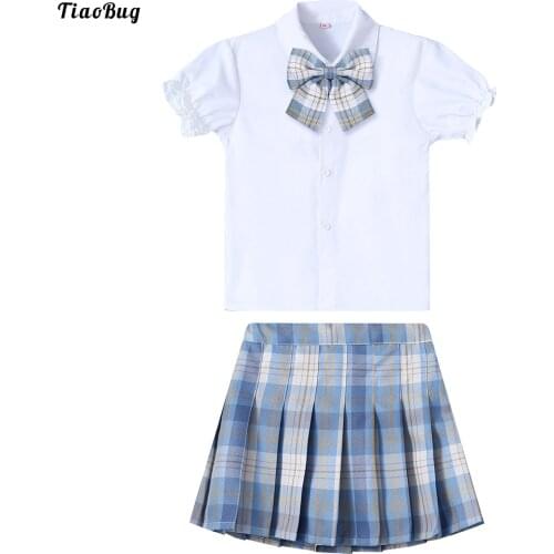 TiaoBug Kids Girls Clothes Set Short Sleeve Ruffle Cuffs Turndown Collar Bowknot Single-Breasted Top With Pleated Grid Skirt