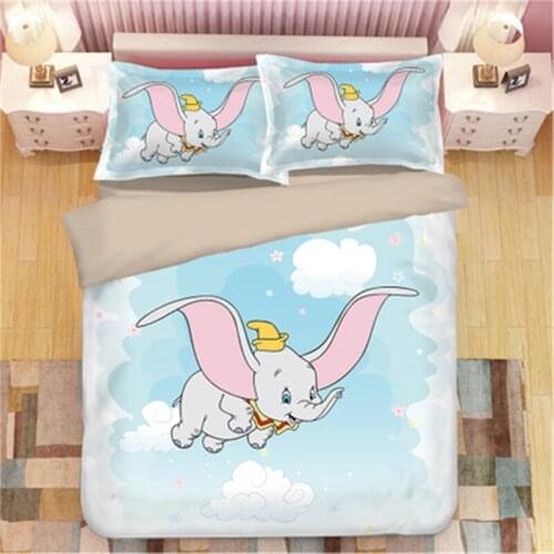 Disney Cartoon Dumbo Series Graphic Bedding Set for Boys and Girls Blue Pink Down Bed Cover Pillowcase Deluxe Bedroom Decor