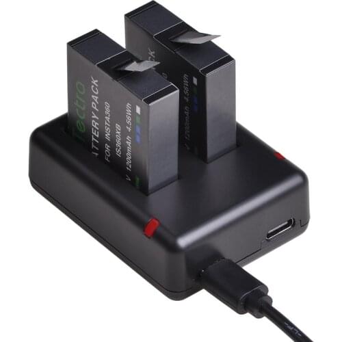 Tectra 2pc 1200mAh IS360XB Battery for Insta360 one X Camera+Dual Charger with Type C Port