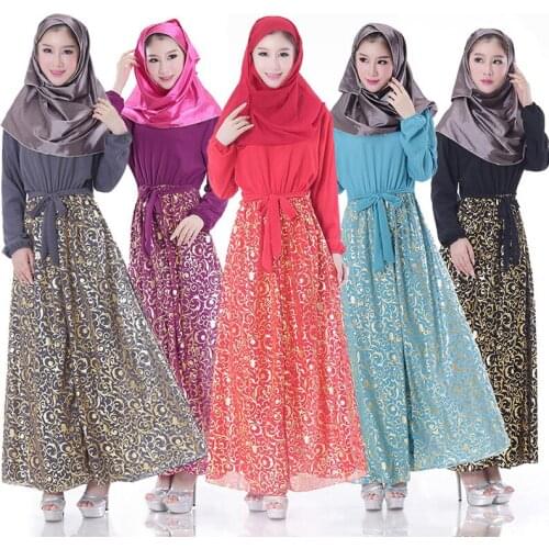 Muslim Clothes Abayas for Women Golden Print High Quality Islamic Clothing 2019 New Black Dress Red Chiffon Long Sleeve Dress