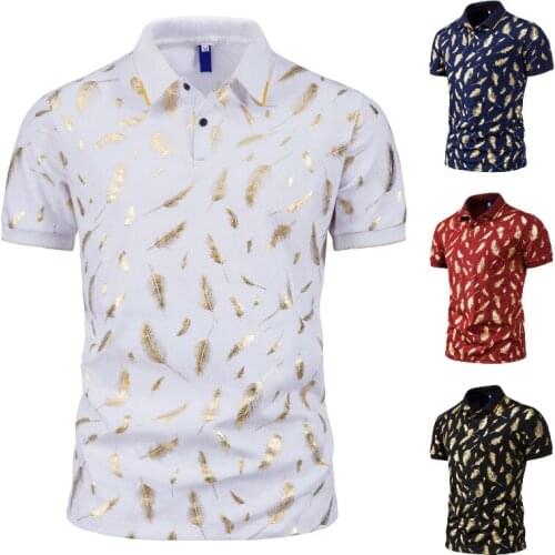 2021 New Summer Fashion Fashion Mens Feathered Gold Printed Lapel Slim Business Casual Short Sleeve Polo Shirt Men