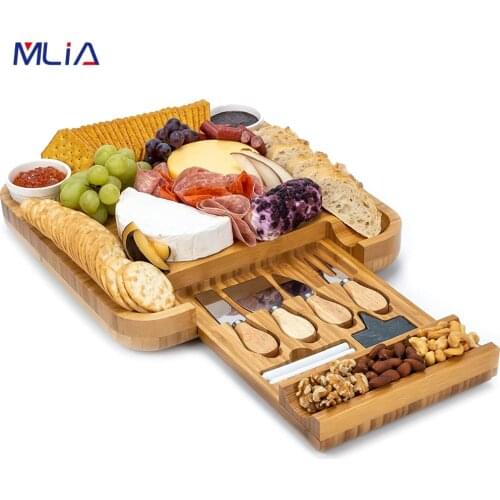 Bamboo Cheese Board Cutlery Knif Set With Slide Out Drawer 4 Knives Sets Cooking Tools Cheese Knife Cheese Slicer Fork Scoop Cut