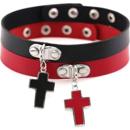 New Gothic PU leather necklace with collarbone chain simple cross pendant necklace collar with adjustable button