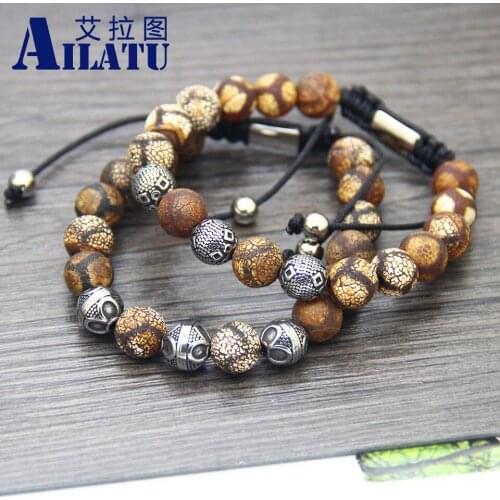 New Vintage Stainless Steel Ball Mens Bracelets with 10mm Natural Dzi Eye Stone Classic Jewelry Never Fade Friendship Gift