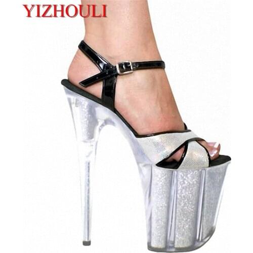 20 cm crystal silver sexy heels, banquet 8 inch high heels catwalk model sandals