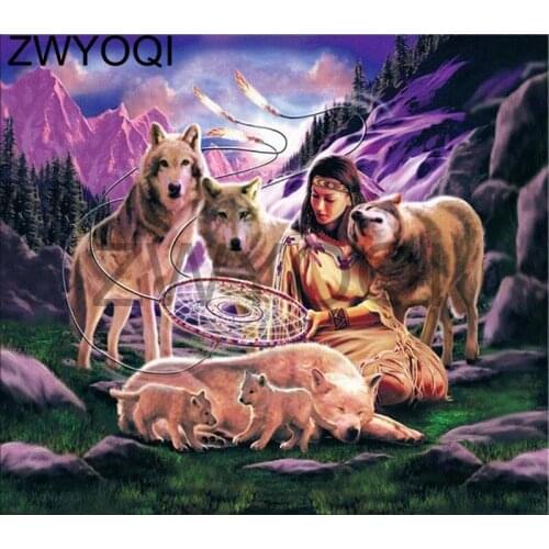 Full Square Diamond embroidery Wolf girl Indian Full Round Diamond mosaic Wolf girl Indian 5D DIY Diamond painting Cross stitch