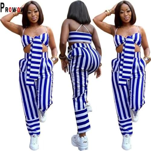 Prowow Summer Women Clothing Set Blue White Striped Casaul Streetwear Corset Tops High Waisted Pant Two Piece Matching Suits