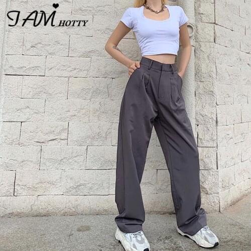 IAMHOTTY Wide Leg Straight Womens Pants High Waist Chinese Street Casual Joggers Boyfriend Trousers Female Black Office Clothes
