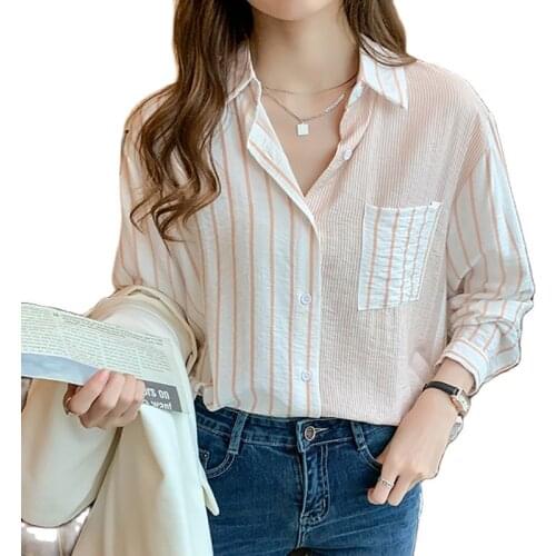 Vertical Striped Shirts Casual Pockets Long Sleeve Shirt Women Cotton Blouse Korean Clothes Button Womens Tops Chemisier Femme