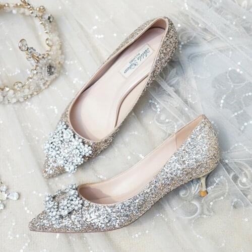 Wedding shoes 2020 new winter wedding low heel 3cm pregnant bride shoes sequin wedding dress crystal heels womens shoes