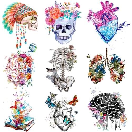 Punk Skull Flowers Iron On Transfers Heat Transfer Thermal Patches For Clothing Punk Heart Ironing Stickers T-shirt Appliques