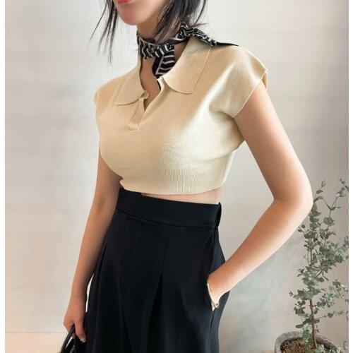 Knitted Solid Tee Shirt Short Sleeve Ladies Turn-down Collar Slim Exposed Navel Tshirts Cotton Women Summer Crop Tee