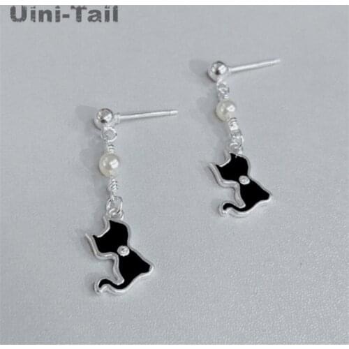 Uini-Tail hot new 925 sterling silver exquisite black cat micro inlay earrings simple temperament sweet high quality jewelry