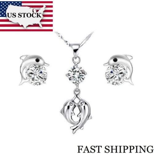 US STOCK Uloveido Lovers Cubic Zirconia Dolphin Necklace Wedding Bridal Jewelry Set Charms Jewelry Sets Earrings for Women TN299