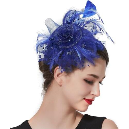 Women Wedding Mesh Hat Fascinator Penny Ribbons Feathers Wedding Party Feather Retro Elegant Hair Bands Hoop Accessories 2021