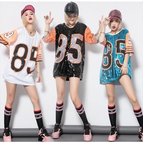 Women Performance Costumes Cheerleaders Loose Oversized Causal 85 Letter Shift Sequin T Shirt Mini Dress Hip-Hop Long Tee