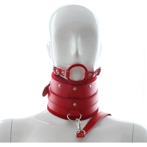 Neck bondage PU leather Fetish collars for women /oral sex Gags /Red open mouth gag /Slave collar with leash CR.09045
