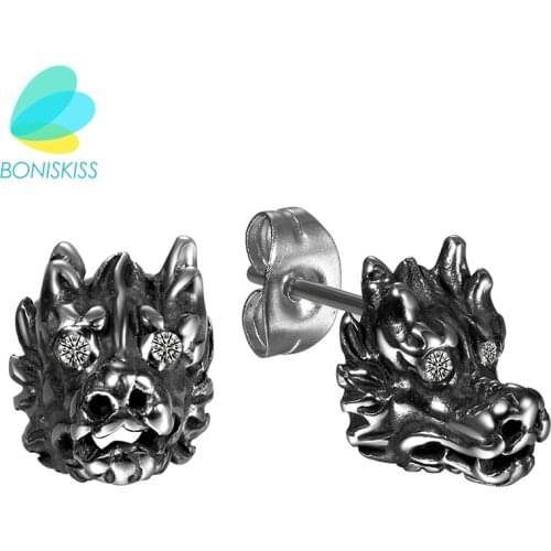Boniskiss Vintage Animal Stud Earrings Dragon/Lion Stud Earrings Punk Men Earrings For Christmas Gift Jewelry Brinco Masculino