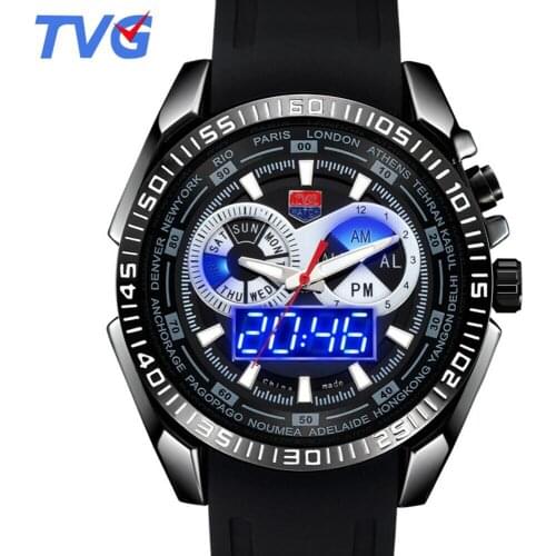 TVG Watch Men Sports Watches Big Face Luminous Hands Black Silicone Dual Display Quartz Wristwatches Men Clock Relogio Masculino