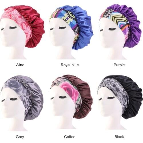 Women Satin Night Beauty Salon Sleep Cap Cover Hair Bonnet Hat Silk Head Wide Elastic Band for Curly Springy Hair Chemo Cap