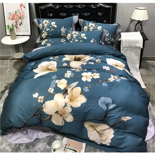Luxury blue green 100S Egyptian cotton digital printing Bedding set Queen King flower Duvet cover Bed sheet set Pillowcases 4pc
