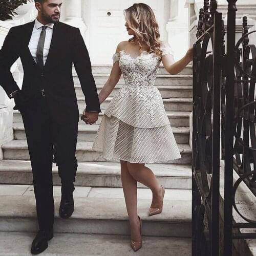 Short Vestido De Noiva Muslim Wedding Dresses A-line Off The Shoulder Tulle Appliques Lace Beach Wedding Gown Bridal Dresses