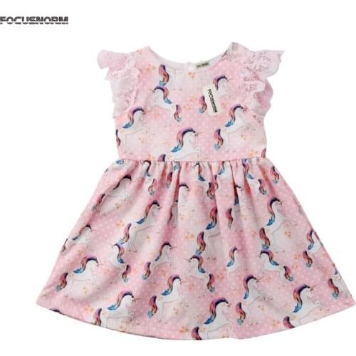 Toddler Baby Girls Summer Sweet Pretty Dress Lace Petal Sleeve Unicorn Print O-Neck A-Line Knee-Length Dress Outfit 1-6Y