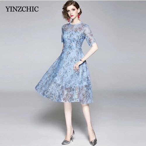 Summer New Woman Lace Dress O-neck Female Elegant Slim A-line Dresses Solid Blue Mid Dress for Woman Hollow-out Laces Dresses