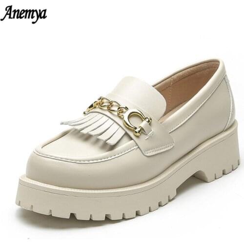 Flat Loafer Shoes For Women Leather Metal Decoration Round Toe Sewing Slip On Casual Shoes Ladies Chunky Heel Platform Shoes New