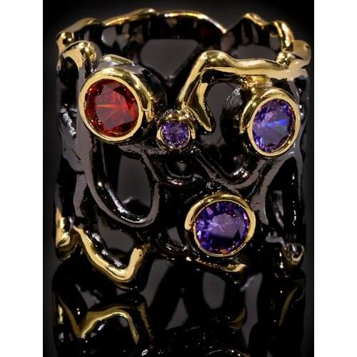 Independent design new fashion black gold crystal hollow ring can be customized ladies domineering trend silver jewelry