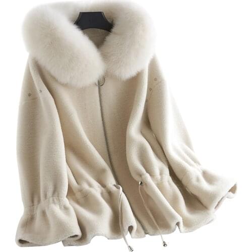 Lammy coat winter fur coat women elegant fur fox fur jacket long style 100% real sheep fur overcoat 2020 new design