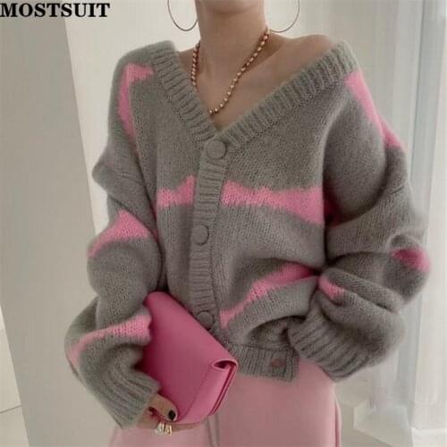Casual Loose Striped Knitted Cardigan Women Full Sleeve V-neck Sweater Jumpers Color-blocked Chic Female Knitted Tops 2021
