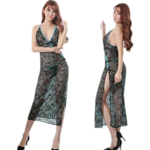 GOYHOZMI sexy Lingerie women Peacock pattern hollow cheongsam cosplay party long Exotic dress sexy underwear nightdress intimate