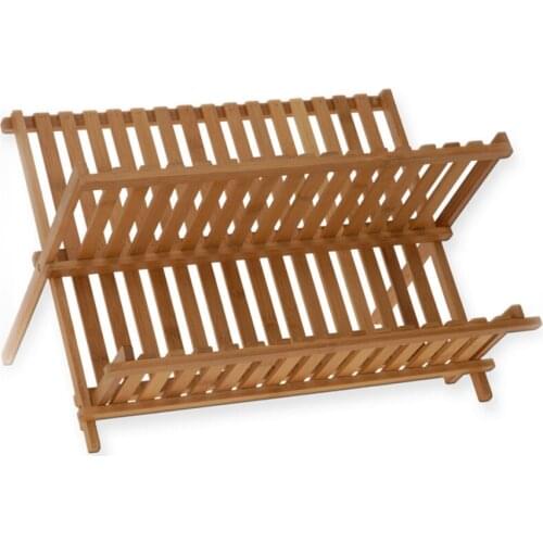 Folding Bamboo Dish Rack Drying Rack Holder Utensil Drainer (Wood Color)