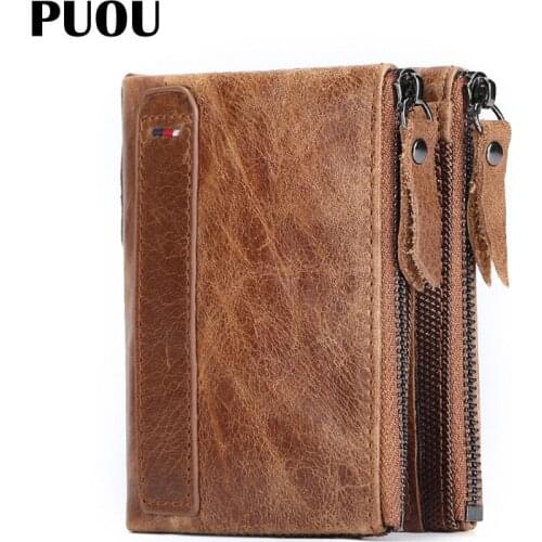 PUOU Zipper Buckle Triangle Folding Wallet For Rfid Genuine Leather Casual Mens Wallet Short Casual Multi-function Card Bag