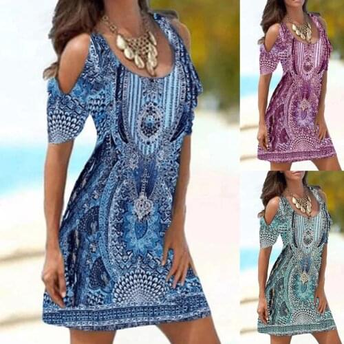 Bohemian Print Off Shoulder Dress Womens Fashion Hollow Out Club Party Casual Dress Summer Ladies Beach Mini Dress Robe 2021