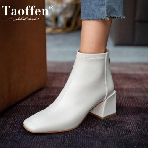 Taoffen Women Genuine Leather Ankle Boots Square Toe Shoes Thick Heel Back Zipper High Quality Shoes Footwear Size 33-42