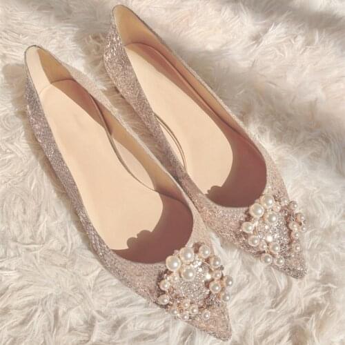 Pearl bead flower wedding shoes woman luxury gold/silver glitter flats 34-44 big size bride shoes pointed toe chaussure femme
